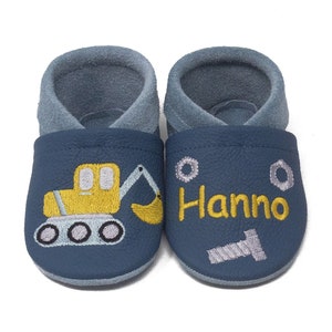 Crawling shoes leather slippers with name and excavator motif embroidered in real leather
