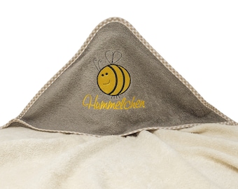 Hooded towel embroidered with name and bumblebee motif, baby hooded towel, gift for birth, christening, personalized bath towel