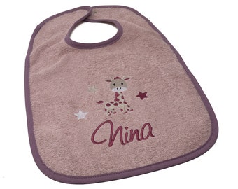 Bib with snap fastener name and motif giraffe embroidered, gift for baptism, birth, baby shower, baby bib personalized, bib with name