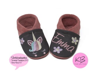 Crawling shoes with name, leather slippers with name and unicorn motif, real leather kindergarten shoes, christening gift, baby slippers with name