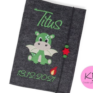U Heft Hülle aus Filz, personalisiert, Motiv Drache, Geschenk zur Geburt, Untersuchungshefthülle mit Impfpassfach,U-Hefthülle personalisiert