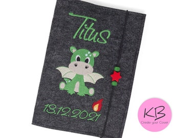 Personalized felt child health record book cover with dragon design, a perfect gift for newborns, with a pocket for vaccination records.