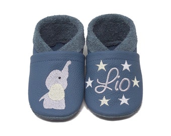 Crawling shoes with name, leather slippers with name and elephant motif, real leather, personalized kindergarten shoes, baptism gift