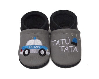 Personalized crawling shoes, leather slippers with name and police car motif, kindergarten shoes, christening gift, baby slippers, first walker
