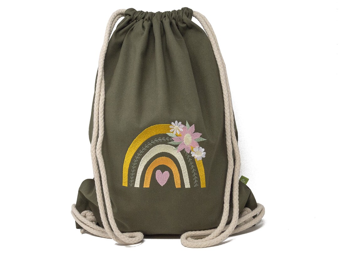 Drawstring Bag Embroidered With Name and Rainbow Motif Etsy