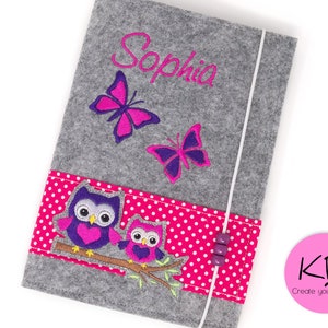 U Heft Hülle aus Filz personalisiert, Motiv Eulen, Filzhülle für Untersuchungsheft, Geschenk zur Geburt, U-Hefthülle mit Namen