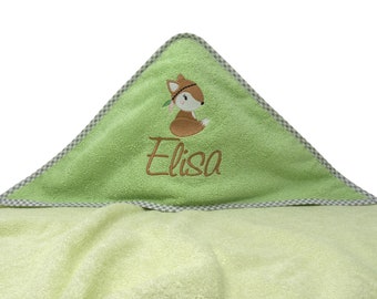 Baby hooded towel, embroidered with name and fox motif, christening gift, personalized baby towel, hooded bath towel