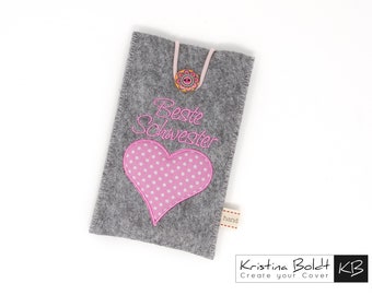 Embroidered mobile phone case personalized heart made of felt mobile phone case iPhone gift mom gift girlfriend smartphone case