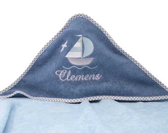 Hooded towel with name and sailboat motif, nautical, christening gift, personalized baby towel, baby shower gift, birth gift
