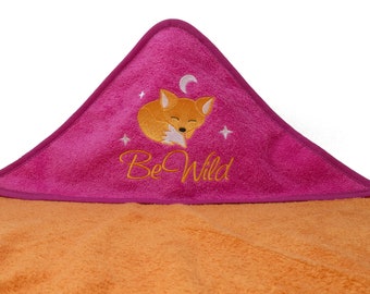 Hooded towel embroidered with name and fox motif, christening gift, personalized baby towel, hooded bath towel with name