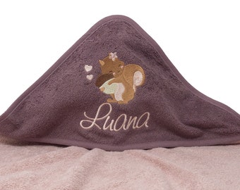 Hooded towel with name and squirrel motif, personalized baby towel with hood, gift for birth, baptism, bath towel with name
