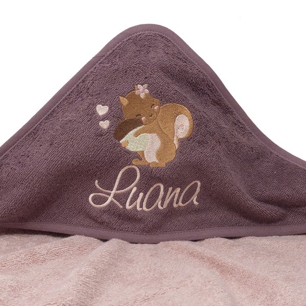 Hooded towel embroidered with name and squirrel motif