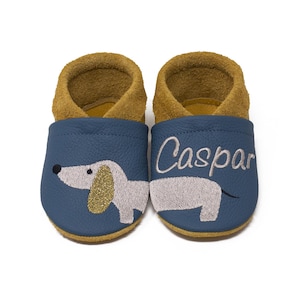 Personalized baby shoes, leather booties embroidered with name and puppy motif, genuine leather, christening gift, first walking shoes image 1