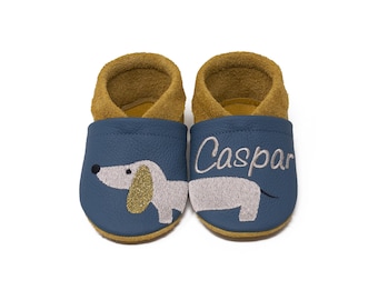 Personalized crawling shoes, leather slippers with name and puppy dog motif embroidered, real leather, christening gift, first walker shoes