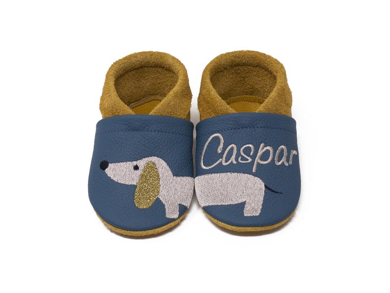 Personalized baby shoes, leather booties embroidered with name and puppy motif, genuine leather, christening gift, first walking shoes image 1
