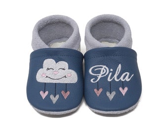 Leather slippers embroidered with name and cloud motif, personalized crawling shoes, christening gift, baby slippers, kindergarten shoes, baby shower