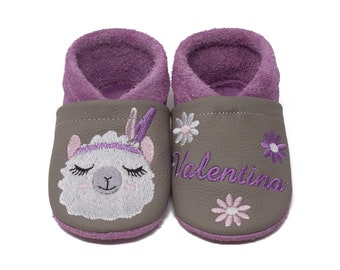 Crawling shoes with name, leather slippers customizable, llama motif, kindergarten shoes made of real leather, baby slippers, christening gift