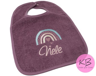 Bib with snap fastener name and motif Boho rainbow embroidered, gift for birth, baby bib personalized, christening gift, baby shower