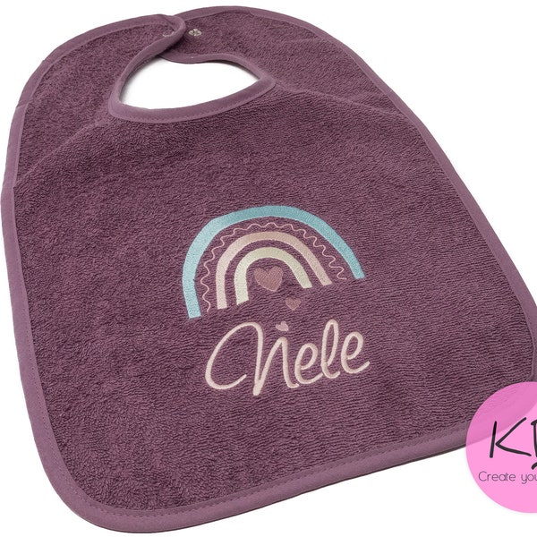 Bib with push button name and embroidered boho rainbow motif