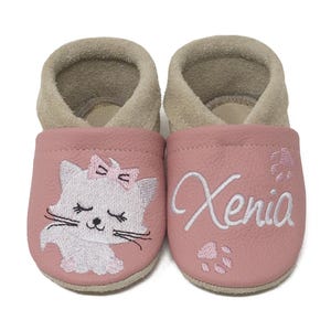 Gepersonaliseerde kruipschoenen, leren pantoffels met naam en kattenmotief, doopcadeau, kleuterschoenen, babyslofjes, babyshower