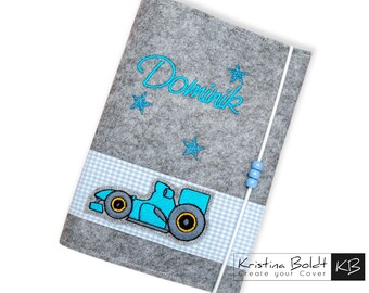 U Heft Hülle aus Filz personalisiert, Motiv Rennauto, Untersuchungsheft Hülle mit Impfpasstasche, Geschenk zur Geburt, Babyparty,U-Hefthülle