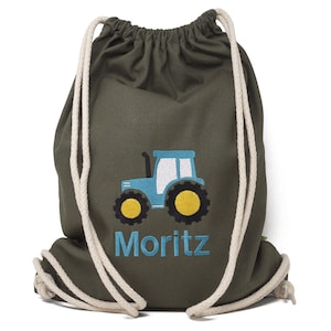 Turnbeutel mit Namen und Motiv Traktor bestickt, Sportbeutel, Geschenk zur Einschulung, Kindergarten Turnbeuzel, Rucksack