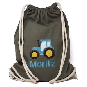 Gym bag embroidered with name and tractor motif