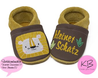 Crawling shoes with name, leather slippers personalized, lion motif, real leather kindergarten shoes, baptism gift, baby slippers