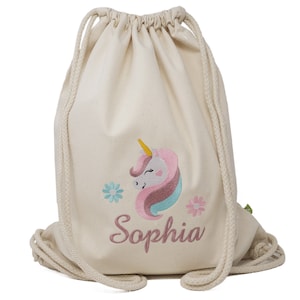 Turnbeutel mit Namen und Motiv Einhorn bestickt, Sportbeutel personalisiert, Geschenk zur Einschulung, Turnbeutel Kindergarten, Sportbeutel