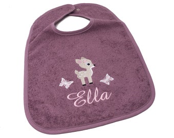 Personalized baby bib with snap fastener, embroidered with name and fawn motif, small gift for newborns, bib for baby with name