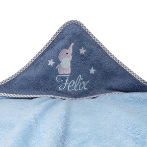 Hooded towel embroidered with name and elephant motif