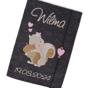 U Heft Hülle aus Filz personalisiert, Motiv Eichhörnchen, Geschenk zur Geburt, Filzhülle für Untersuchungsheft mit Namen, U-Heft Einband