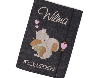 Personalized felt booklet cover with squirrel design, perfect gift for a newborn, felt cover for the examination booklet with name, booklet cover