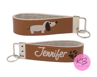 Personalized lanyard made of faux leather and felt, dachshund puppy design, keychain with name, small gift, housewarming gift