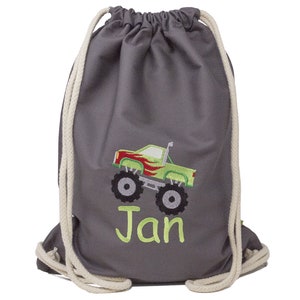 Sporttas geborduurd met naam en Monster Truck-motief, cadeau voor schoolinschrijving, gepersonaliseerde sporttas, kleuterschooltas