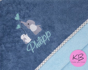 Kapuzenhandtuch mit Namen und Motiv Häschen und Elefant bestickt, Babyhandtuch mit Kapuze, Geschenk zur Taufe, Badehandtuch mit Namen