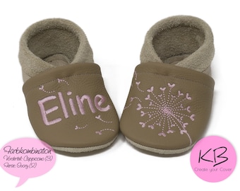 Crawling shoes with name, personalized leather slippers, dandelion motif, slippers, christening gift, baby slippers with name