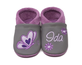 Crawling shoes with name, personalized leather slippers with name, butterfly, real leather kindergarten shoes, baby slippers, baby shoes, christening gift