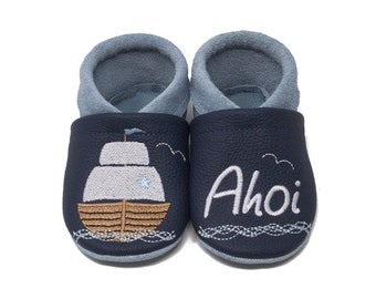 Crawling shoes with name, leather slippers personalized motif sailboat, maritime, real leather, baby shoes, kindergarten shoes, gift for baptism