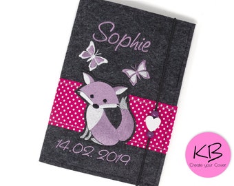 Personalized felt booklet cover, fox design, with vaccination card pocket, birth gift, booklet with name