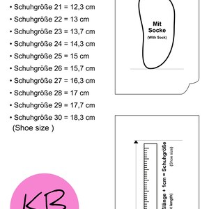 May include: A black and white diagram showing how to measure foot length for shoe size. The diagram shows a foot outline with a ruler and the text "Fu&szlig;l&auml;nge + 1cm = Schuhgr&ouml;&szlig;e (Shoe size)" and "(Foot length)". The text "Mit Socke (With Sock)" is also included in the diagram.