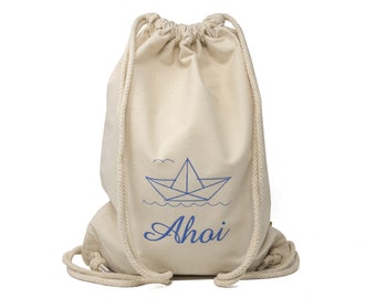 Gym bag with name and motif paper boat maritime embroidered, sports bag, kindergarten gym bag, sports bag, gym backpack