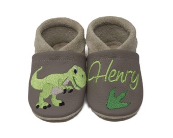 Krabbelschuhe Lederpuschen mit Namen und Motiv Dino bestickt Echtleder