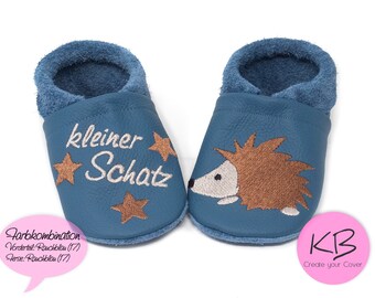 Krabbelschuhe Lederpuschen mit Namen und Motiv Igel bestickt Echtleder