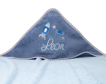Personalized hooded towel with name and rocket design, personalized baby towel, gift for newborns, personalized hooded bath towel