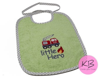 Bib to tie with name and fire engine motif embroidered, small gift for birth, baby bib personalized, christening gift