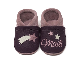 Personalized crawling shoes, leather slippers with name and shooting star motif, kindergarten shoes, baby slippers, gift for baptism, birth