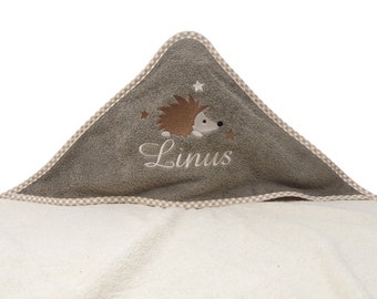 Hooded towel embroidered with name and hedgehog motif, christening gift, hooded bath towel, personalized baby towel, birth gift