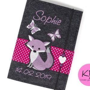 U Heft Hülle aus Filz mit Namen, Motiv Fuchs, Untersuchungshefthülle mit Impfpassfach, Geschenk zur Geburt, U-Hefthülle personalisiert