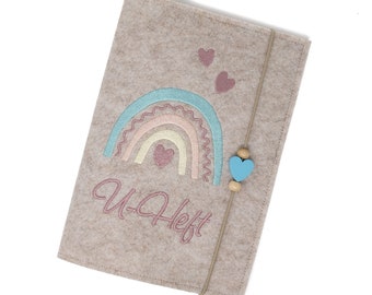 U-Heft Hülle aus Filz, personalisiert, Boho Regenbogen, Geschenk zur Geburt, Untersuchungshefthülle aus Filz mit Namen, Uheft Einband